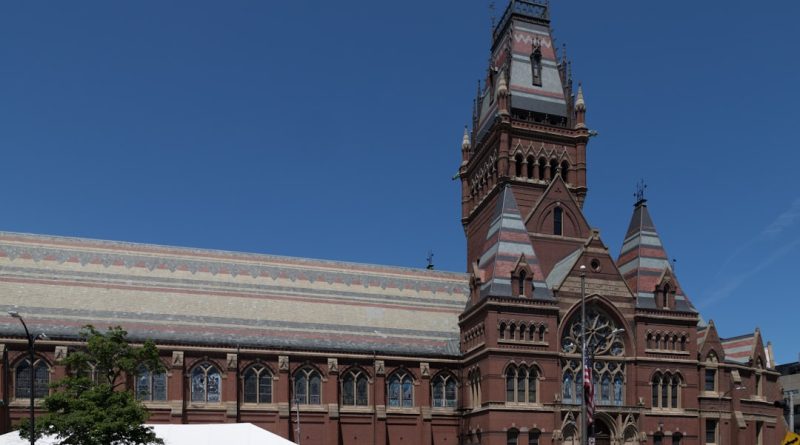 Historic Cambridge University college courtyard with stone architecture and green lawns