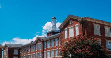 Modern university campus building with students walking across grounds