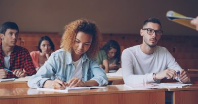 International students collaborating at a university campus library