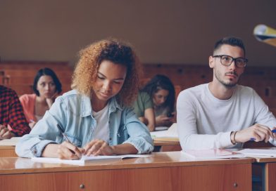 International students collaborating at a university campus library