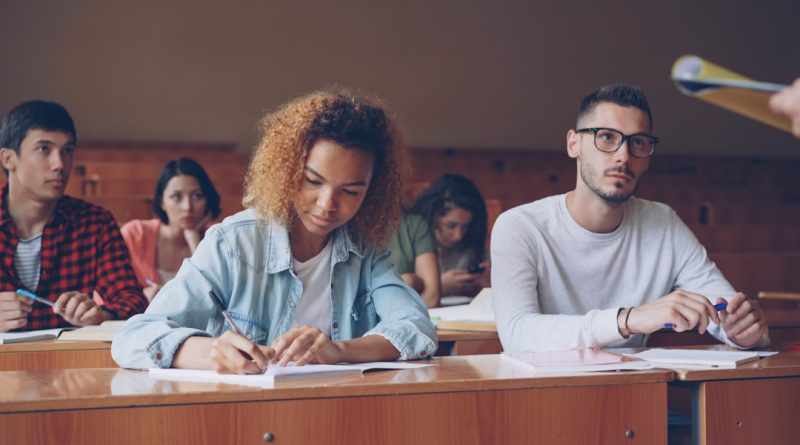 International students collaborating at a university campus library