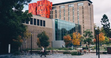 Students studying at an Australian university campus with modern buildings
