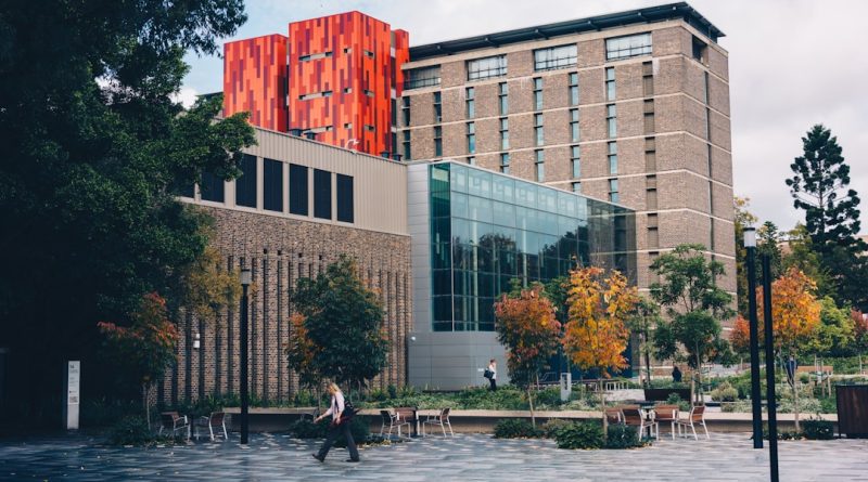 Students studying at an Australian university campus with modern buildings