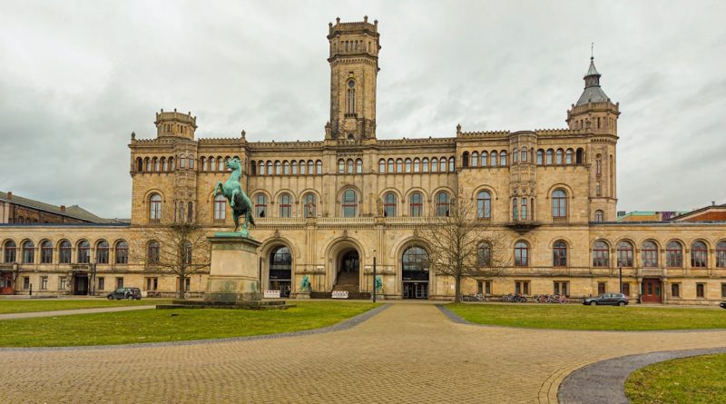 Students walking outside a German university building with backpacks