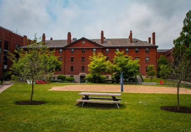 Harvard University historic campus with red brick buildings and autumn leaves