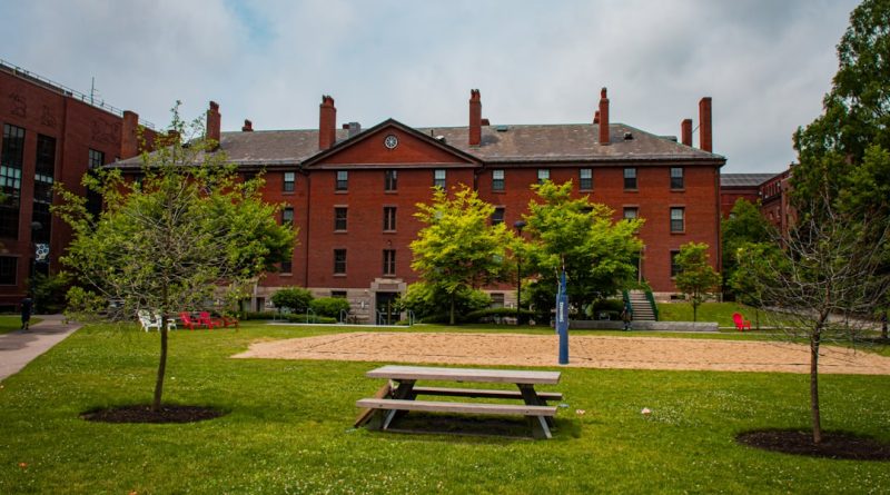 Harvard University historic campus with red brick buildings and autumn leaves