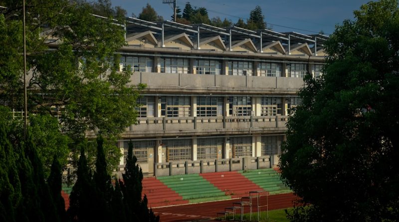 Modern charter school building with students walking outside