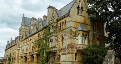 Historic Oxford University college building with students walking across the quadrangle