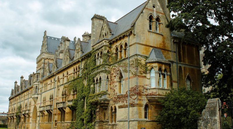 Historic Oxford University college building with students walking across the quadrangle
