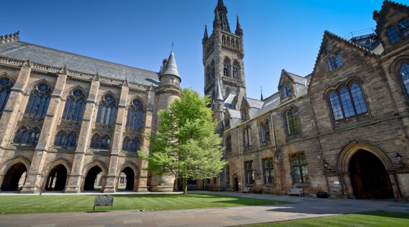 Indian students studying at UK university campus with modern architecture